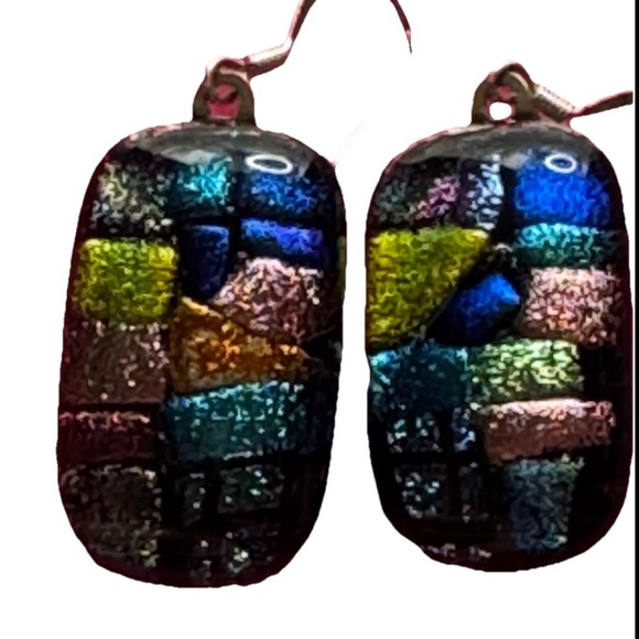 Dichroic Glass Earring. Hook Closure. Multi Colored 1.25” Dangle - Picture 2 of 5